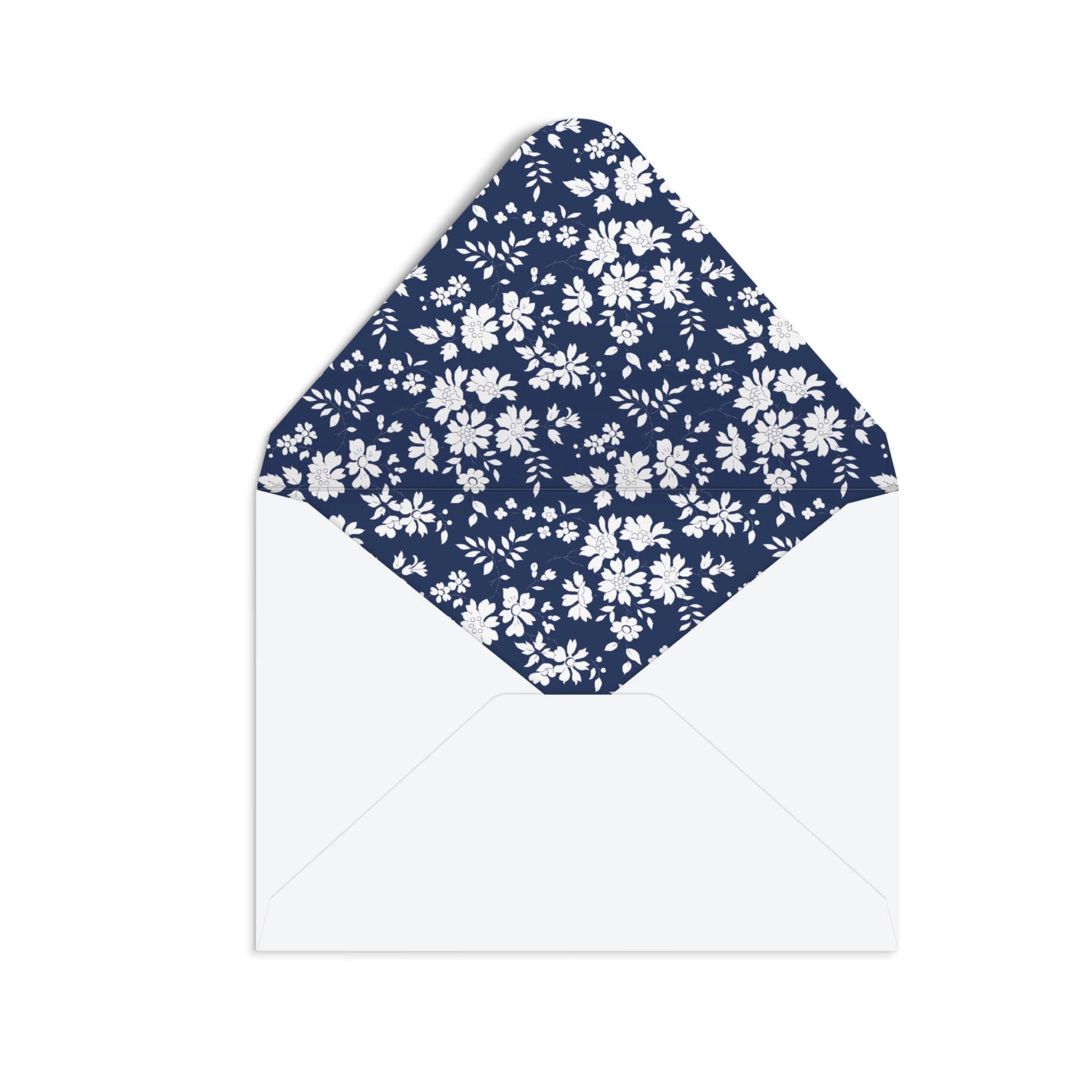 A white envelope with a navy blue floral patterned liner visible inside, shown on a plain white background.