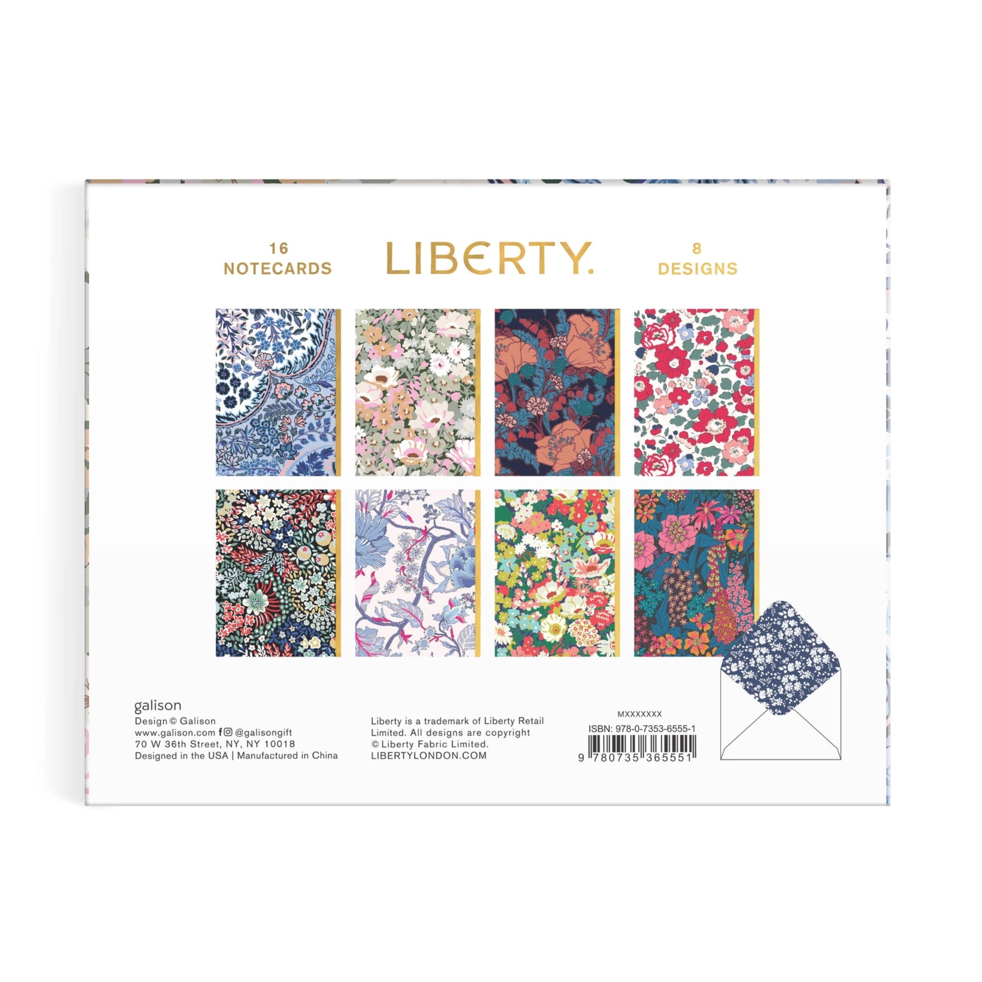 Liberty 16 notecards in a 2x8 floral pattern set, shown in its white packaging box with gold lettering and a small envelope illustration.