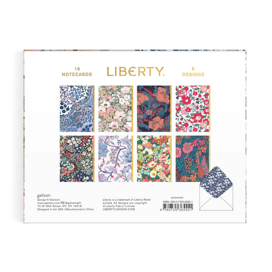 Liberty 16 notecards in a 2x8 floral pattern set, shown in its white packaging box with gold lettering and a small envelope illustration.