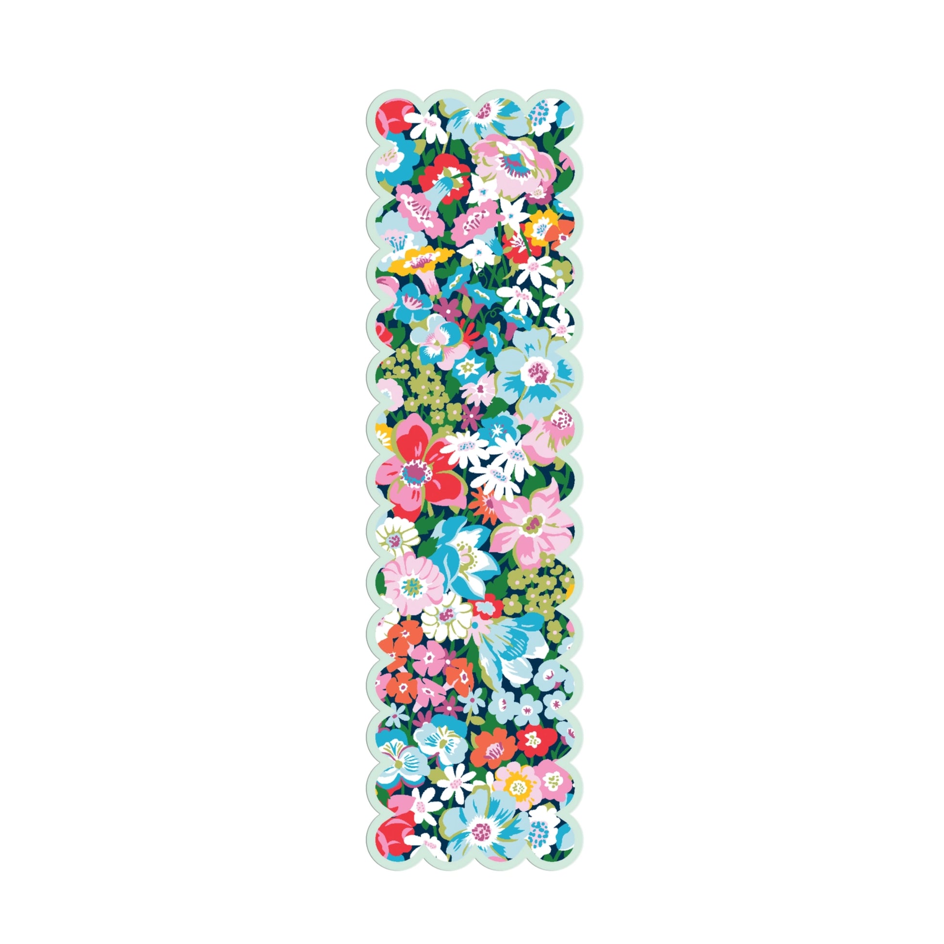 A long, narrow rectangular bookmark covered in a dense multicolor floral print, shown on a plain white background.