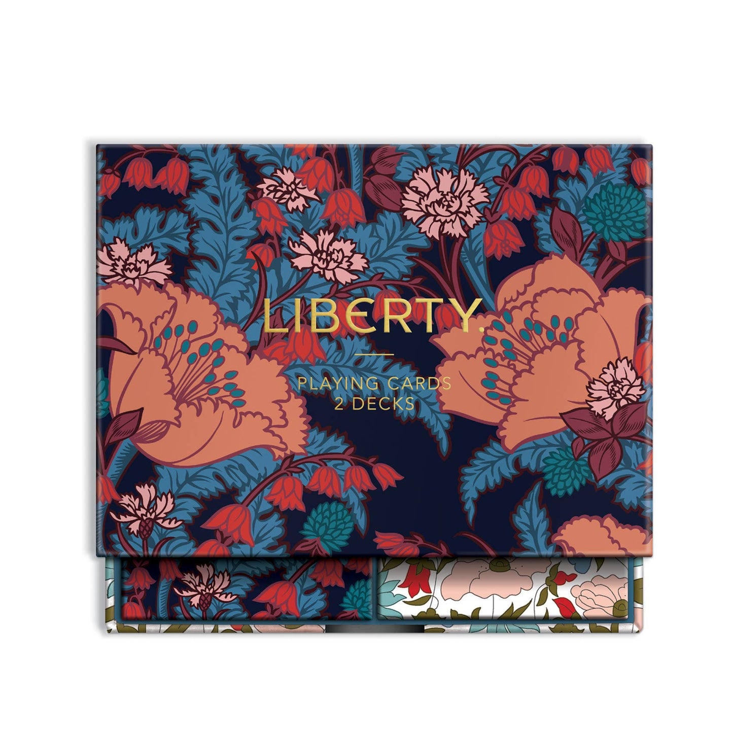 Liberty Playing Cards 2 Decks box featuring a dark navy blue background with a vibrant floral pattern in coral, red, teal, and pink, with gold lettering.
