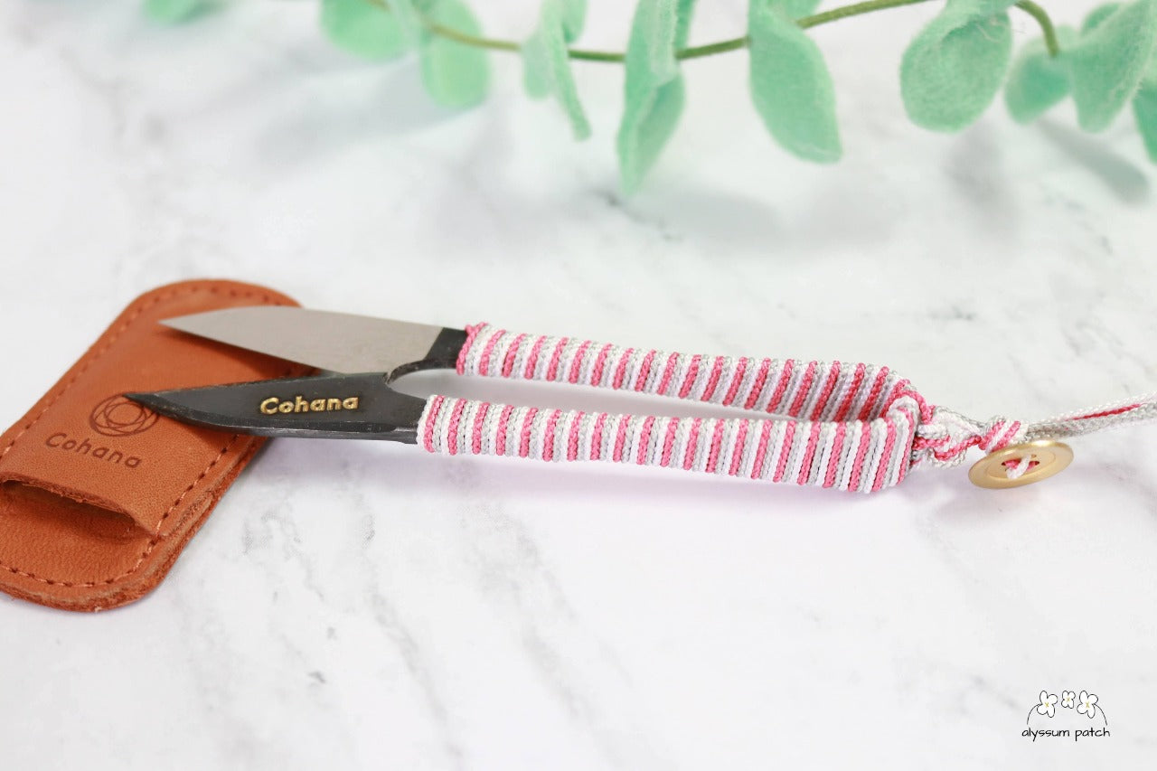 pink silk braid snips with leather sheath