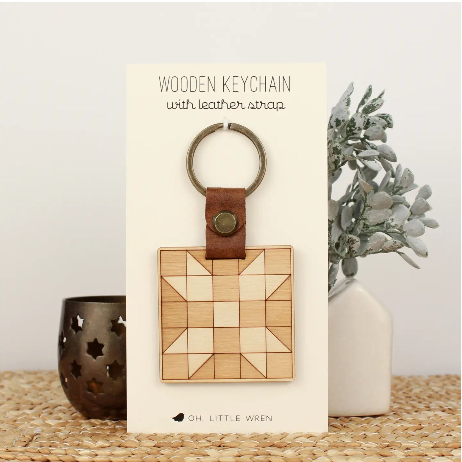 Oh, Little Wren wood engraved keychain with Five Patch Star Quilt Block Pattern in packaging