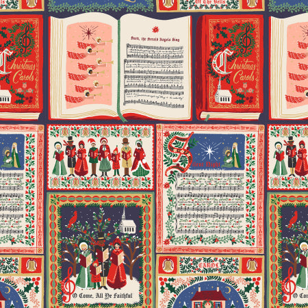 A repeating Christmas card collage pattern featuring vintage song sheets, musical notes, holiday figures, ornaments, and red festive borders on a dark navy background.