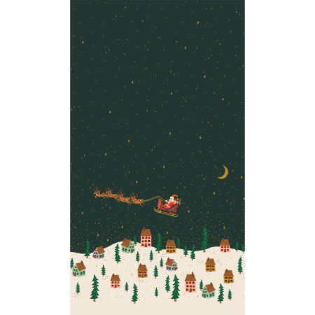 Panel displaying Santa's Sleigh crossing an evergreen sky over a small village