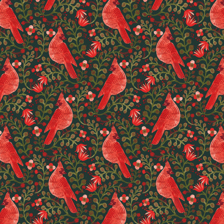 A repeating pattern featuring red cardinal birds, green leaves, and small red and white flowers on a dark green background.