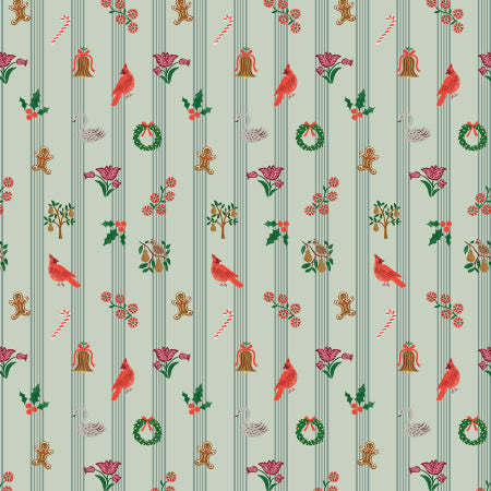 A repeating Christmas-themed pattern featuring red cardinals, green wreaths, candy canes, gingerbread men, pine trees, and floral motifs on vertical muted green stripes over a pale sage background.