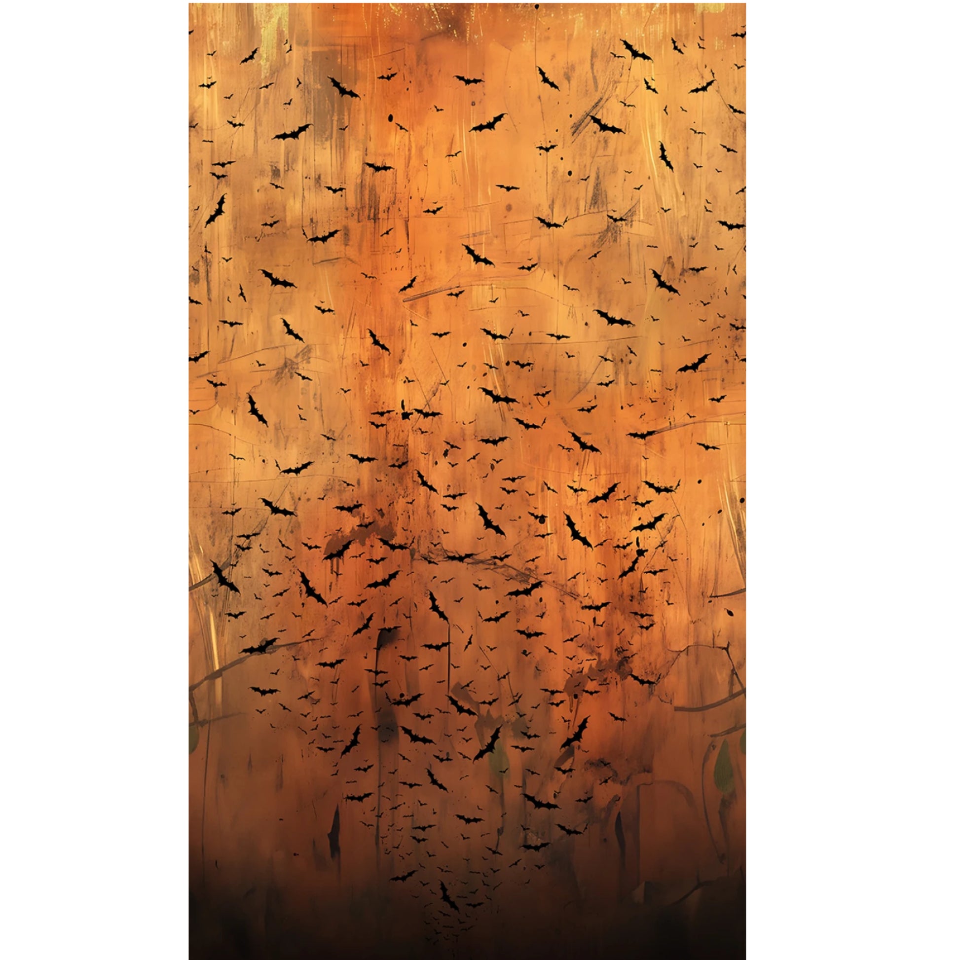 Halloween-themed design with black bats on a textured orange background