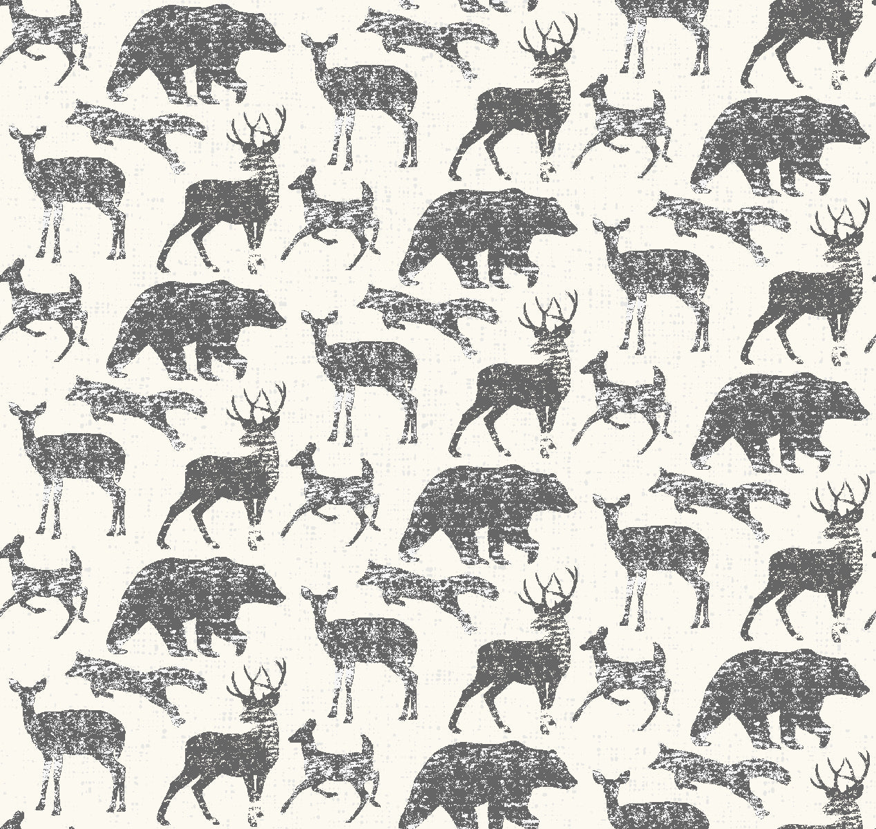 Pattern of black animals including bears and deer on a white background