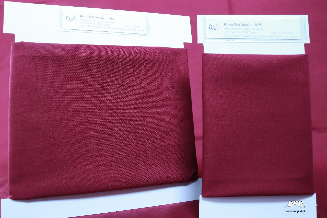 Kona Solids Bordeaux precut fat quarter and half yard fabric wrapped on fabric winders
