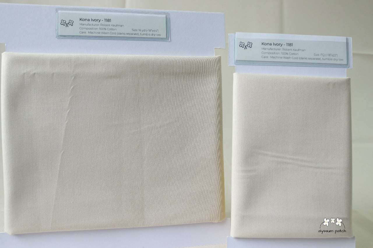 Kona Solids Ivory precut fat quarter and half yard fabric wrapped on fabric winders