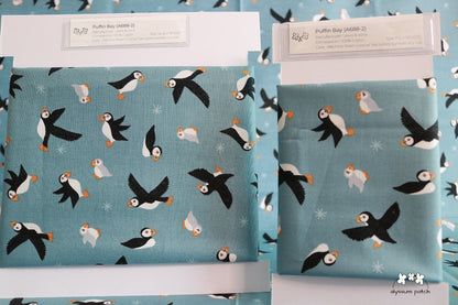Puffins on Blue precut fat quarter and half yard fabric wrapped on fabric winders